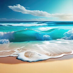 Beautiful sandy beach and soft blue ocean wave. Sea background. generative ai