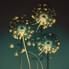 Dandelion flower illustration floating seeds macro with gold highlights and blue background, ai.
