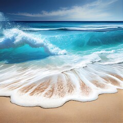 Beautiful sandy beach and soft blue ocean wave. Sea background. generative ai - obrazy, fototapety, plakaty