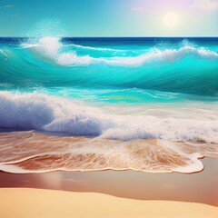 Beautiful sandy beach and soft blue ocean wave. Sea background. generative ai