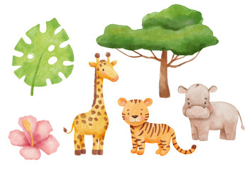 Cute tiger, giraffe and hippo in cartoon style. Watercolor Drawing tropical plants isolated on white background. Jungle safari animals © Elena