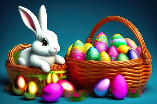 Easter Bunny and Eggs. Created with Generative AI, Artificial Intelligence