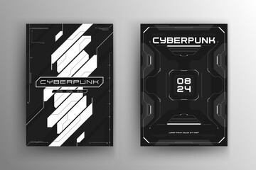 Set of Cyberpunk futuristic poster. Modern cyberpunk design for web and print template. Tech style flyer with HUD elements. Abstract futuristic technology black and white design. Vector
