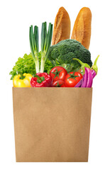 Freshly vegetables and Delicious baguette bread in paper bag isolated on white background, Chinese...