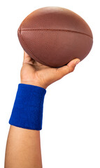 American football player about to throw the football ball isolated on white background PNG File.