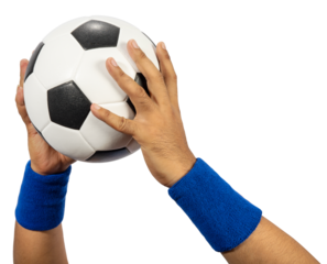 Football player about to throw a Football ball isolated on white background, Soccer player hold a ball on white PNG File.