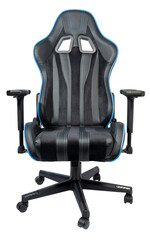 Black and blue leather gaming chair isolated on white background, Office chair with black and blue...