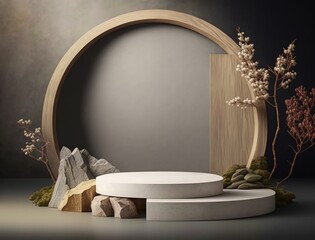 podium display stand . Abstract minimal scene with geometric forms with decorative flowers and stones. Japan style products display. Generative AI
