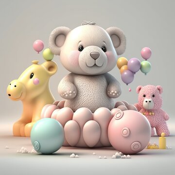 room with plush toys, Teddy bears, Cute soft toys. Toy buying guide. GENERATIVE AI