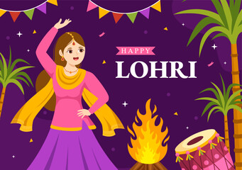 Happy Lohri Festival of Punjab India Illustration with Playing Dance and Celebration Bonfire in Flat Cartoon Hand Drawn for Landing Page Templates