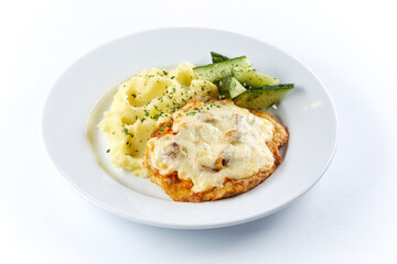 mashed potato with cutlet and salad
