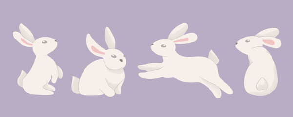 Fototapeta na wymiar Easter bunny trendy set. Set of cute white rabbits or hares. Flat cartoon colorful vector illustration