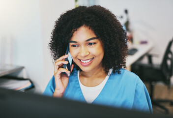 Phone call, happy and woman nurse in the hospital working on a computer for medical reports....