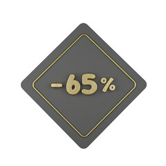3d illustration, Golden discount -65% off promotion price tag sign symbol, luxury label. 