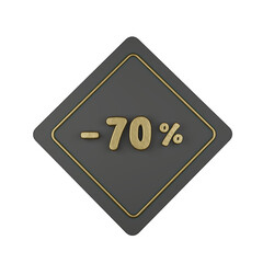 3d illustration, Golden discount -70% off promotion price tag sign symbol, luxury label. 