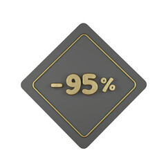 3d illustration, Golden discount -95% off promotion price tag sign symbol, luxury label. 