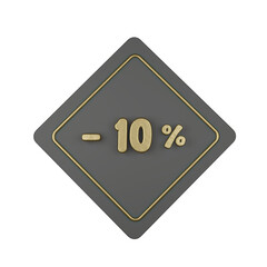3d illustration, Golden discount -10% off promotion price tag sign symbol, luxury label. 