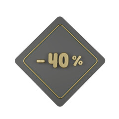 3d illustration, Golden discount -40% off promotion price tag sign symbol, luxury label. 