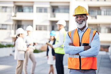Obraz na płótnie Canvas Portrait, black man arms crossed and outdoor on construction site, smile and manager with confidence. Face, male employee and happy leader with happiness, corporate and new building with renovations