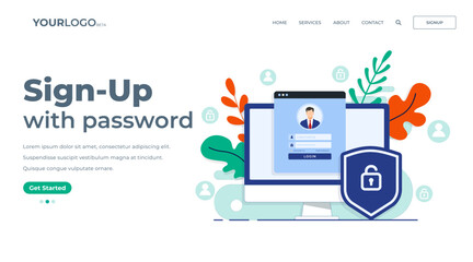 Online registration or sign up user interface screen on desktop computer. Secure login, password protection concept for landing page, UI, mobile app