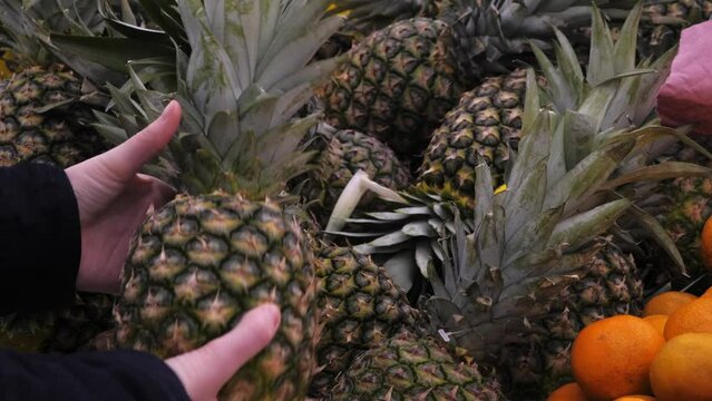 Young Girl choosing a pineapple in the store.