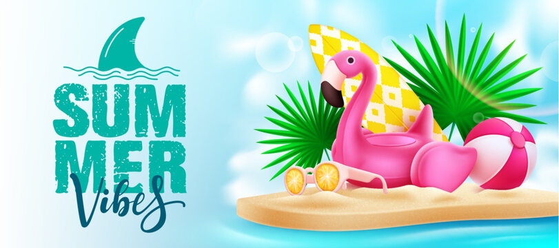 Summer vibes vector design. Summer vibes text in island with flamingo, beach ball and surfboard element. Vector illustration summer holidays design.
