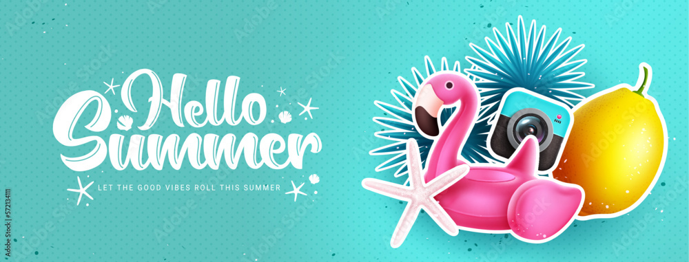 Fototapete hello summer vector design. hello summer greeting text in empty space with beach elements in backgro