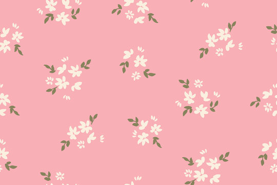 Pretty clusters of ditsy flowers painted in off white and olive over pink background.  Great for home décor, fabric, wallpaper, gift-wrap, stationery and design projects
