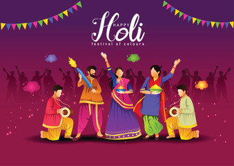 Fototapeta na wymiar Happy holi festival of India background. group of people playing holi dance. vector illustration banner design