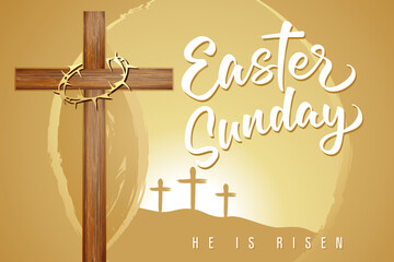 Easter Sunday, cross and calligraphy greeting card. He is risen - christian concept for invitation to sunday service with rolled away from the tomb stone and three crosses. Vector illustration