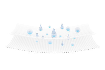 3d synthetic fiber hair absorbent layer with sanitary napkin, ventilate shows water droplets for diapers, baby diaper adult concept isolated. 3d render illustration