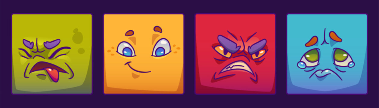 Set of square monster face for player avatar in game. Cartoon emotion expression on stickers in vector. Funny alien character clipart collection with happy, angry and upset mood, cry, eyes with tears