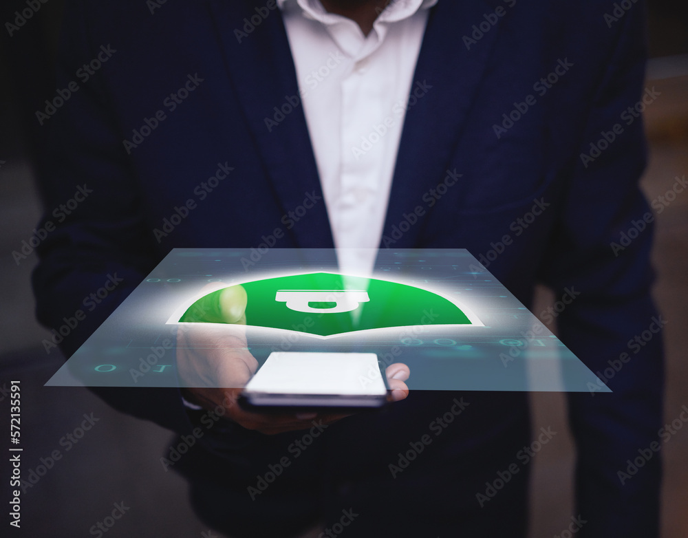 Poster hologram, screen and smartphone with data protection, cybersecurity or futuristic application. holog