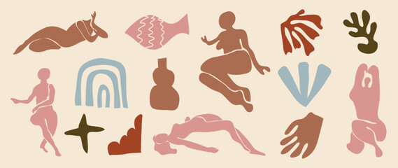Fototapeta na wymiar Set of abstract organic shape inspired by matisse. Female body nude posture, vase, leaf papercut style brown earth tone color. Contemporary aesthetic vector element for logo, decoration, print, cover.