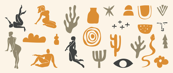 Set of abstract organic shapes inspired by matisse. Female body nude posture, vase, coral leaf papercut style pale blue color. Contemporary aesthetic vector element for logo, decoration, print, cover.