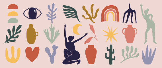 Naklejka na ściany i meble Set of abstract organic shapes inspired by matisse. Female body nude figure, plant, eye, algae, vase in paper cut style. Contemporary aesthetic vector element for logo, decoration, print, cover. 
