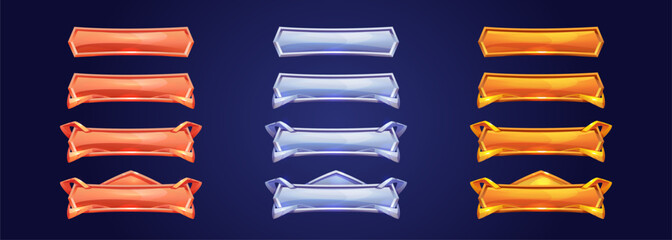 Medieval game button or board, ui metal fantasy border, golden, silver or bronze frame decorated with gemstones, vector icons. Ancient rectangle banner, old vintage rank sign or empty item bar cartoon