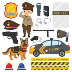 Cute Indonesia police with equipment vector set. Flat vector character design.