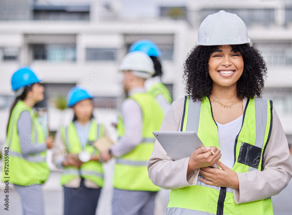 Sticker Leadership smile or happy construction black woman portrait for management or engineering success in construction site. Logistics, leader or engineering manager in safety helmet or vision development