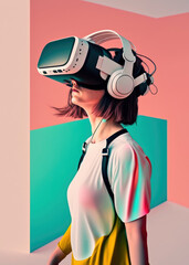 Teenage girl with VR headset exploring the metaverse. Generative AI