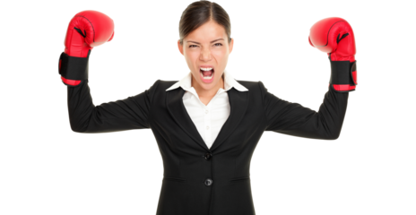 Boxing gloves business woman angry - business concept showing aggressive business boxer flexing muscles isolated cutout PNG on transparent background. Mad multiracial businesswoman.