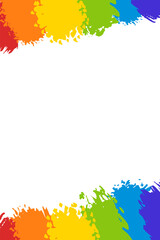 Rainbow painted colorful splashes on white background. Bright color spray paints explosion. Space for text with stains border. Vector creative design template for Holi festival poster banner.
