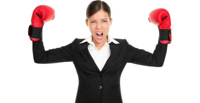 Boxing gloves business woman angry - business concept showing aggressive business boxer flexing muscles isolated cutout PNG on transparent background. Mad multiracial businesswoman.
