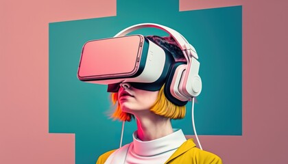 Teenage girl with VR headset exploring the metaverse. Generative AI