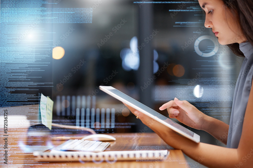 Leinwandbilder Digital tablet overlay, cybersecurity data and woman programmer with crypto data for fintech. Online code, ux research and information technology graphic of a employee coding with web analytics