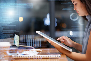 Digital tablet overlay, cybersecurity data and woman programmer with crypto data for fintech. Online code, ux research and information technology graphic of a employee coding with web analytics