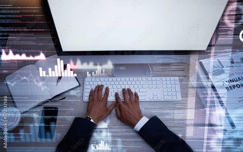 Aufkleber Hands, keyboard and typing on screen, mockup and fintech and digital transformation, code and futuristic overlay. Analytics, graph and work night with IT, tech support and business man with computer