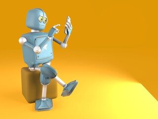 Retro robot sits and reads smartphone. New technologies and progress. 3d render.