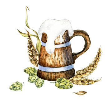 Composition of wooden beer mug, hop cones and wheat ears watercolor illustration isolated on white. Pint beer hand drawn. Design element for beer festival, banner, menu, packaging, St Patrick's day.