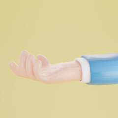 Hand holding isolated on yellow background. 3d rendering